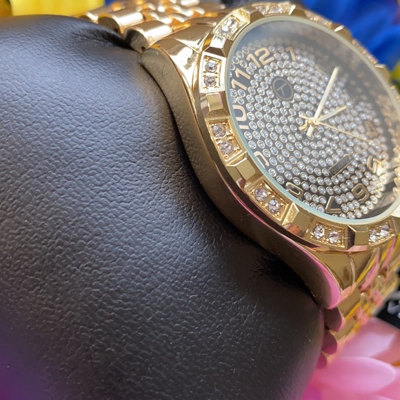 NEW* MEN GOLD BIG FACE CLASSY ICY WATCH CUBAN - Picture 5 of 7